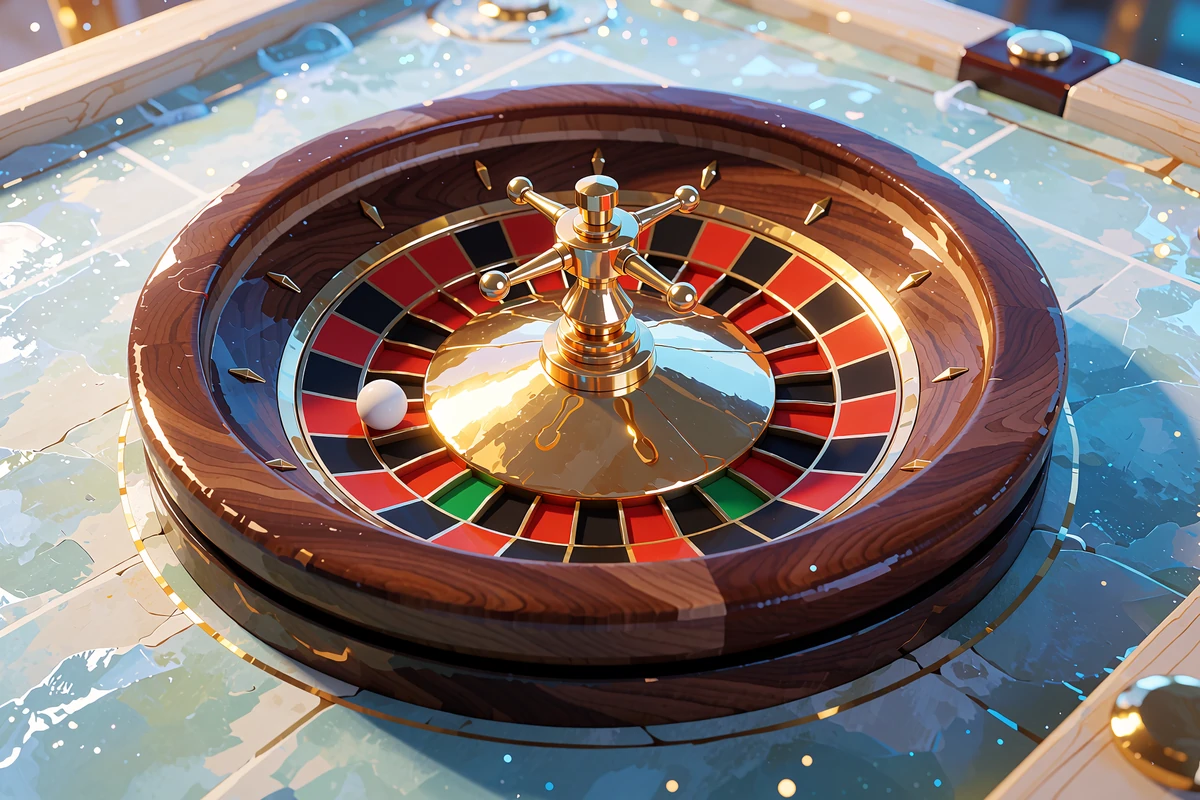 Poleret roulettehjul i valn&oslash;d og guld med en hvid kugle i en lomme, omgivet af isbl&aring;t lys - live roulette