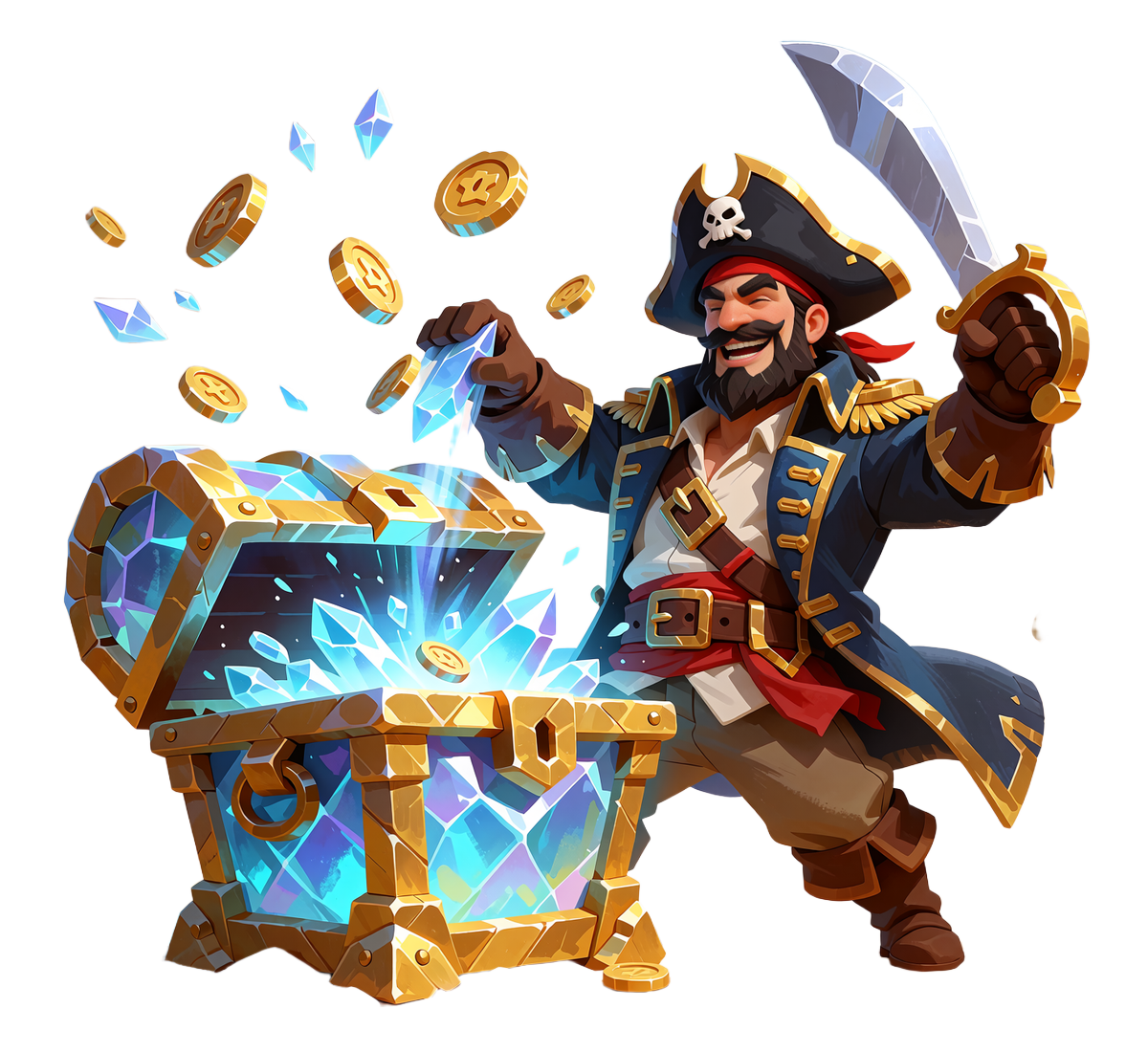 Smash Casinos piratkaptajn med sabel &aring;bner en gl&oslash;dende skattekiste af is, mens guldm&oslash;nter flyver ud