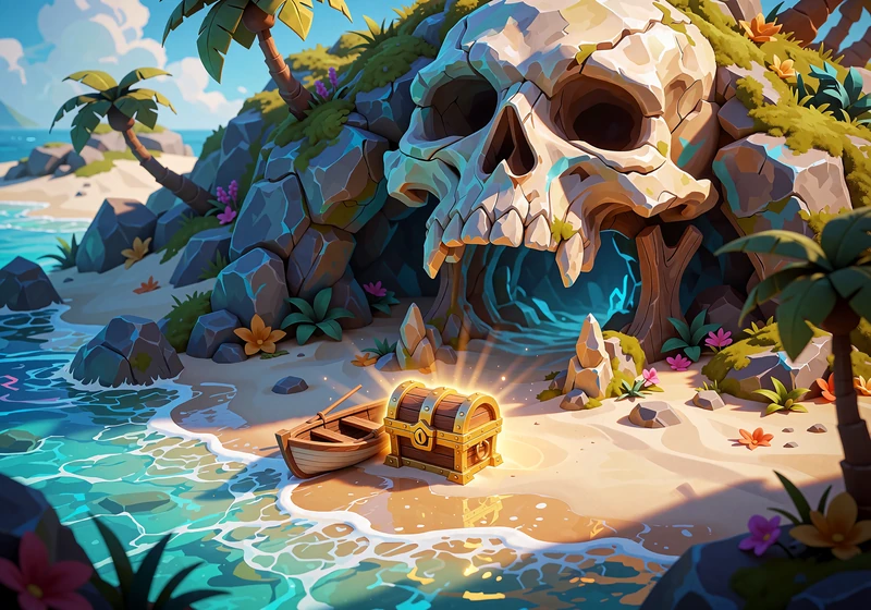 Kraniformet havgrotte med gl&oslash;dende skattekiste og rob&aring;d p&aring; stranden - skattejagt-slots