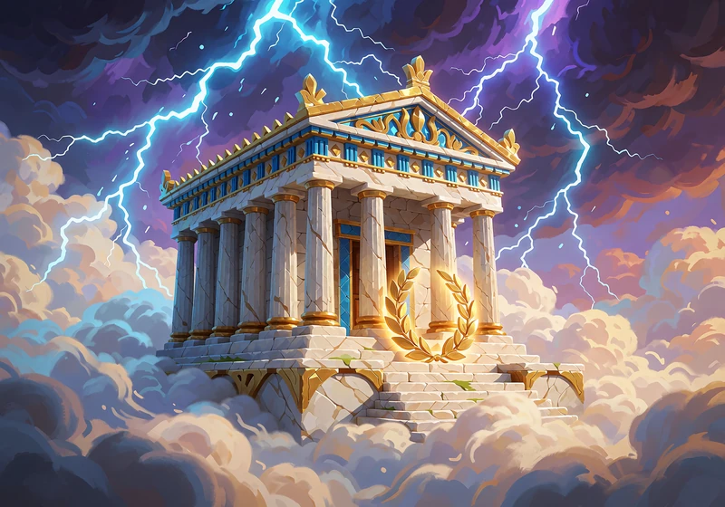 Marmortempel med guldtag sv&aelig;ver over skyerne under lyn - gr&aelig;sk mytologi-tema som Rise of Olympus