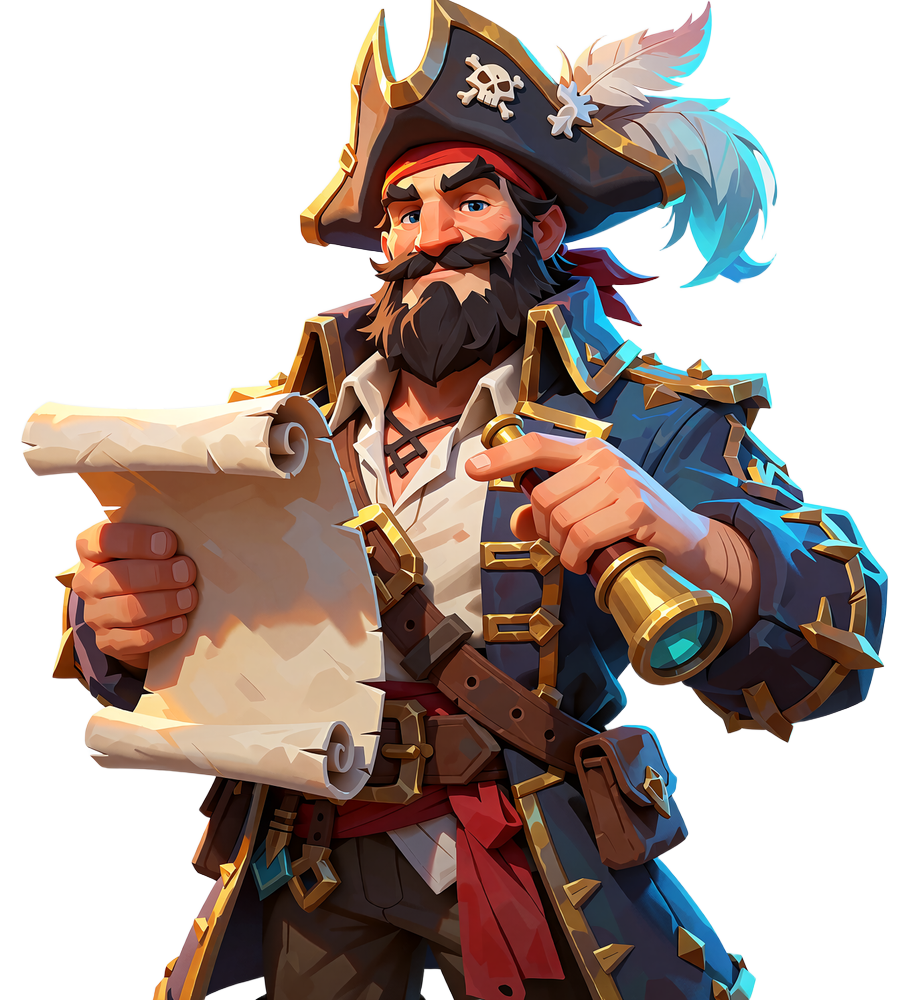 Smash Casinos venlige piratkaptajn med tricorn-hat peger med kikkert p&aring; et tomt skattekort