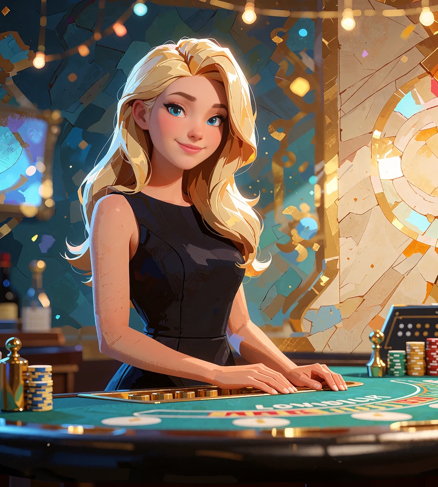 Smilende croupier i sort kjole ved et live blackjack-bord i Smash Casinos live casino-sektion